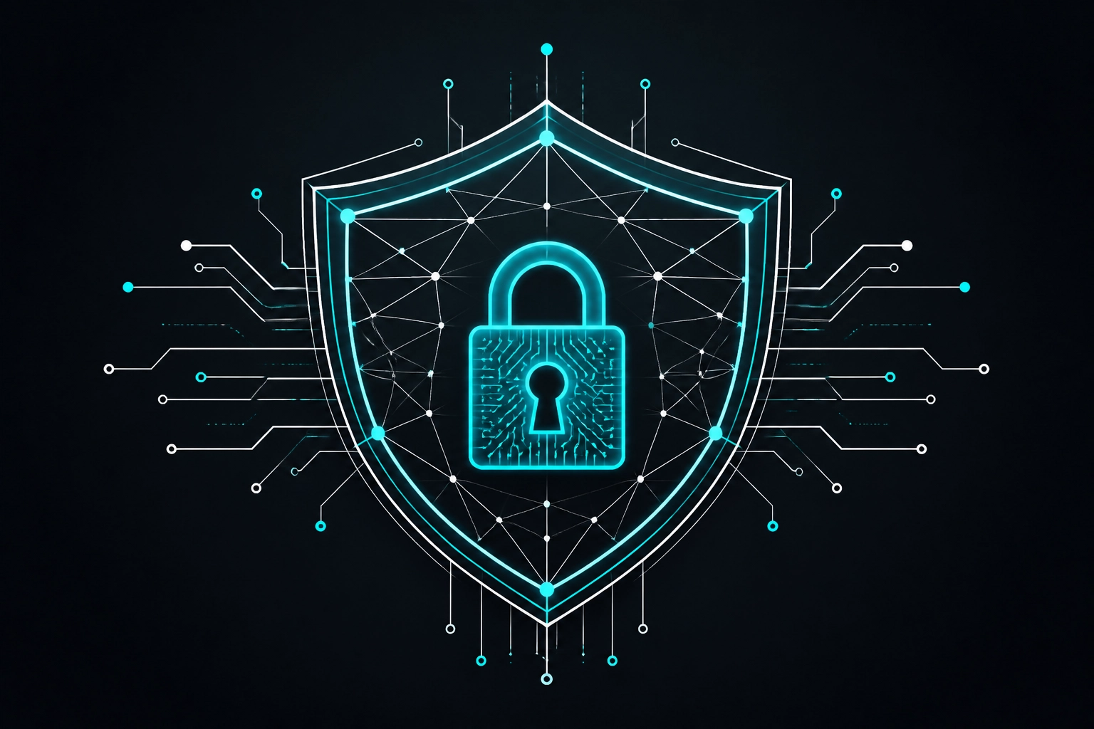 A geometric shield icon constructed from minimalistic networking lines and tech circuitry. Central focus on a stylized digital lock symbol.