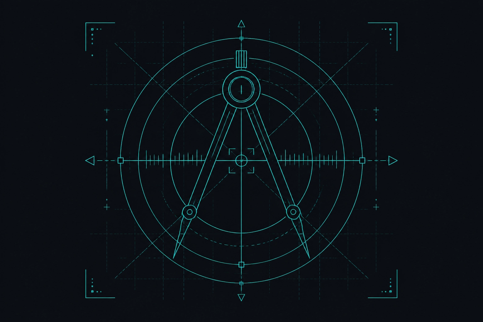A stylized geometric compass and crosshair symbolizing precision, discipline, and engineering.