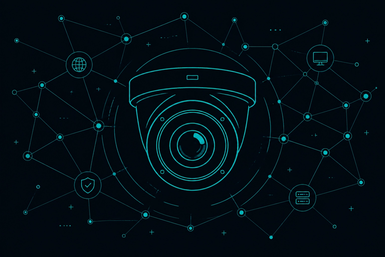 A minimalistic geometric vector of a stylized security camera lens surrounded by interconnected network lines and nodes. Dark background, cyan and turquoise glowing accents
