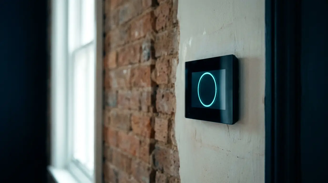 Smart thermostat with a cyan display on the hallway wall of an older brick home
